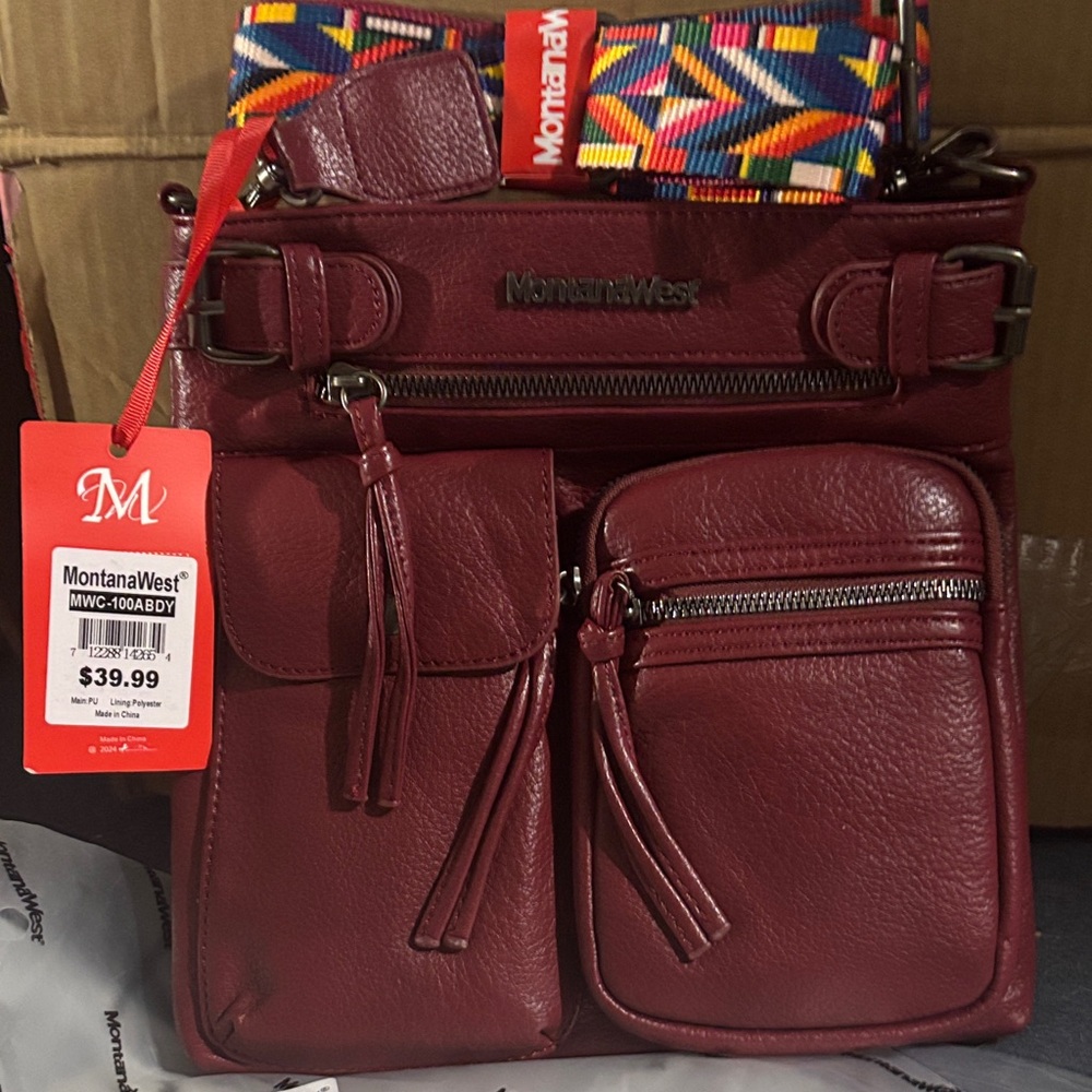 Montana West Burgundy Crossbody Bag with Colorful Geometric Strap